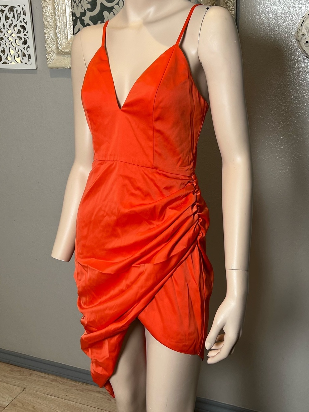 NBD Orange Satin Ruched Tulip Mini Dress